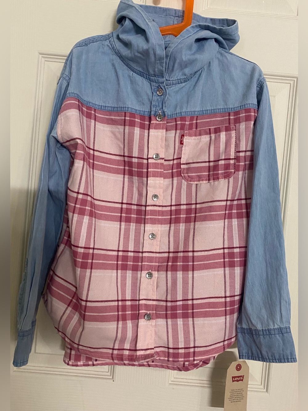 New-Levi's Denim & Plaid Button-up Hooded Shirt M10-12